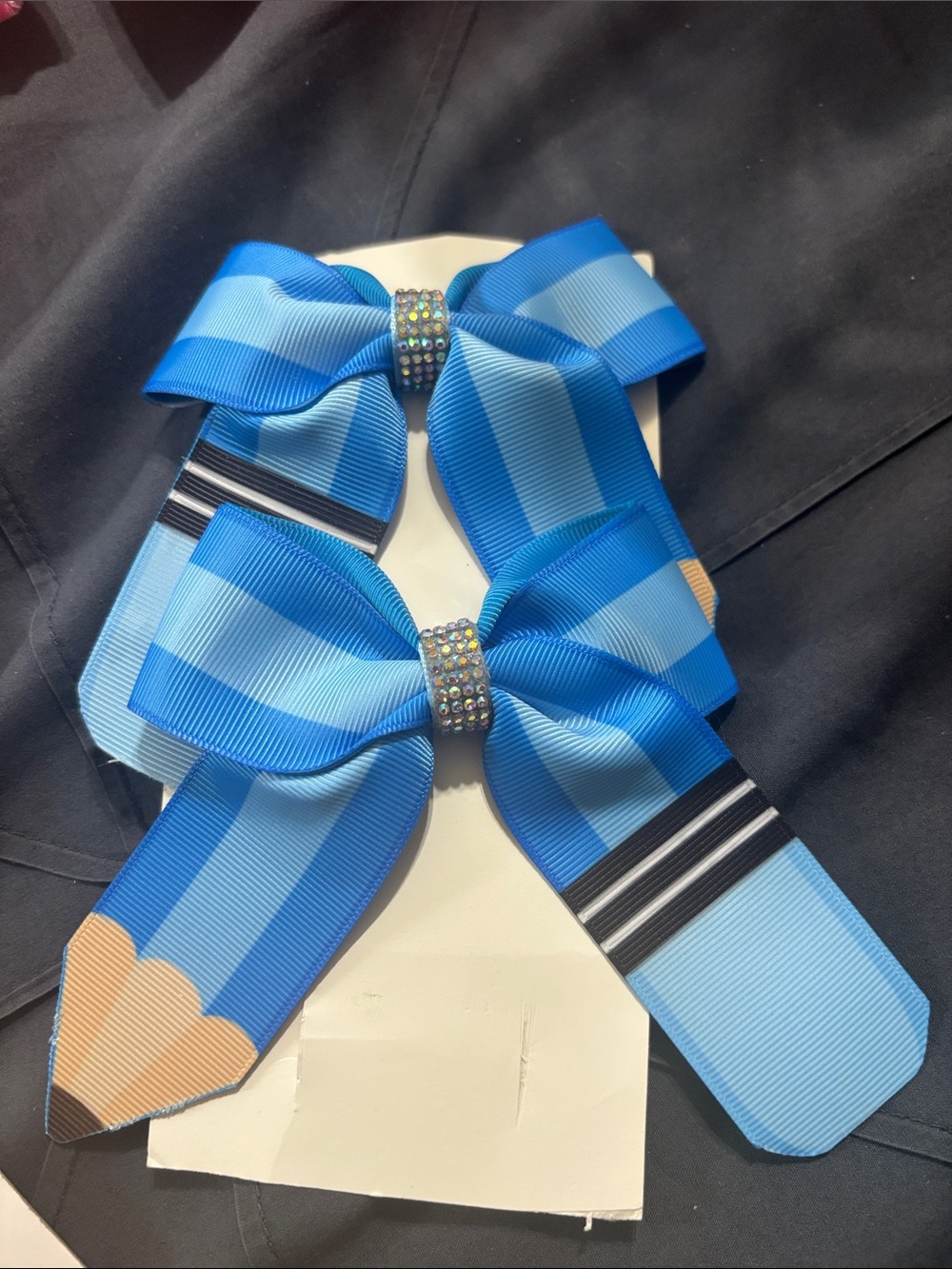 Blue Striped Ribbon Bow Hair Clips with Rhinestone Center